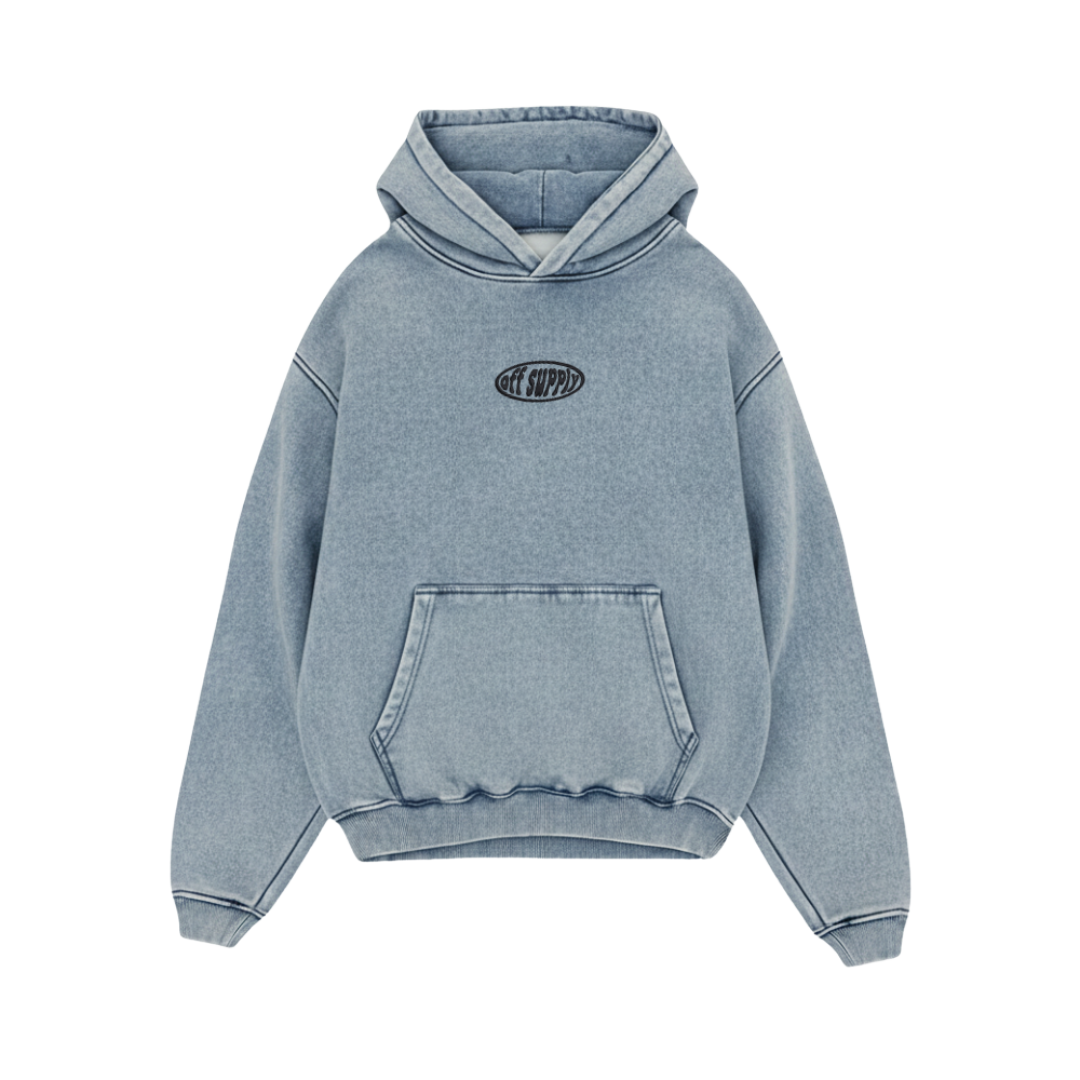 OFFSUPPLY OVAL ICE BLUE ACID WASH HOODIE