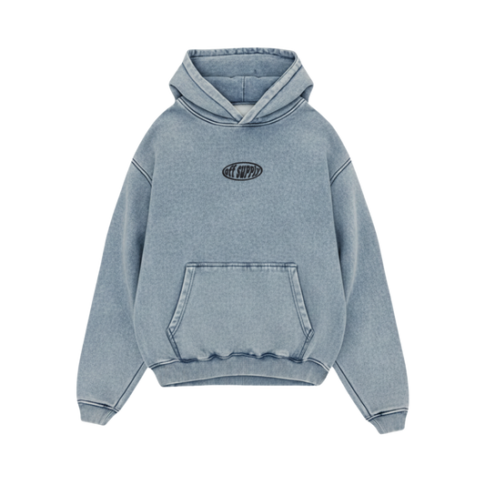 OFFSUPPLY OVAL ICE BLUE ACID WASH HOODIE