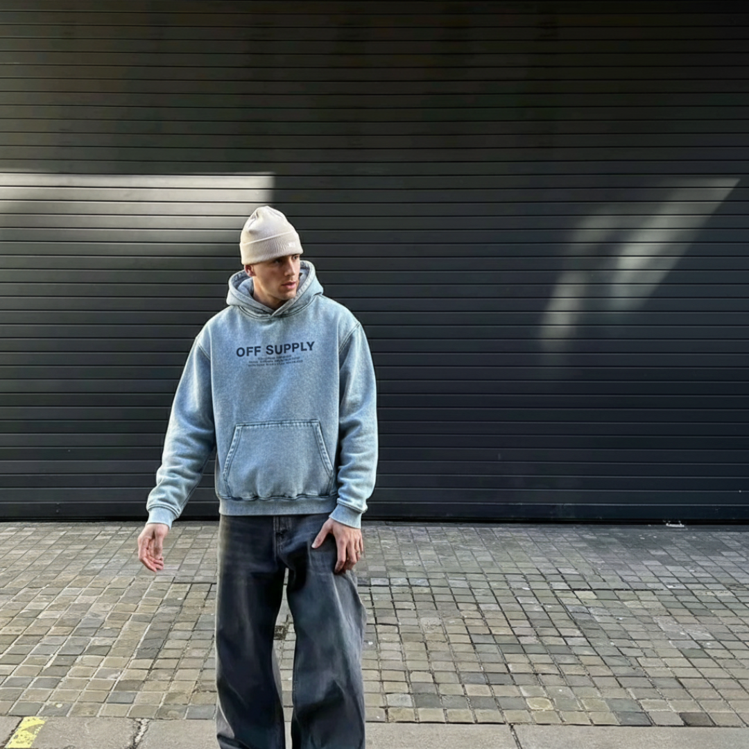 OFFSUPPLY GRAPHIC PRINT ICE BLUE ACID WASH HOODIE