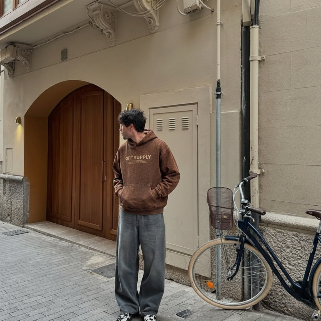 OFFSUPPLY GRAPHIC PRINT EARTH CLAY ACID WASH HOODIE