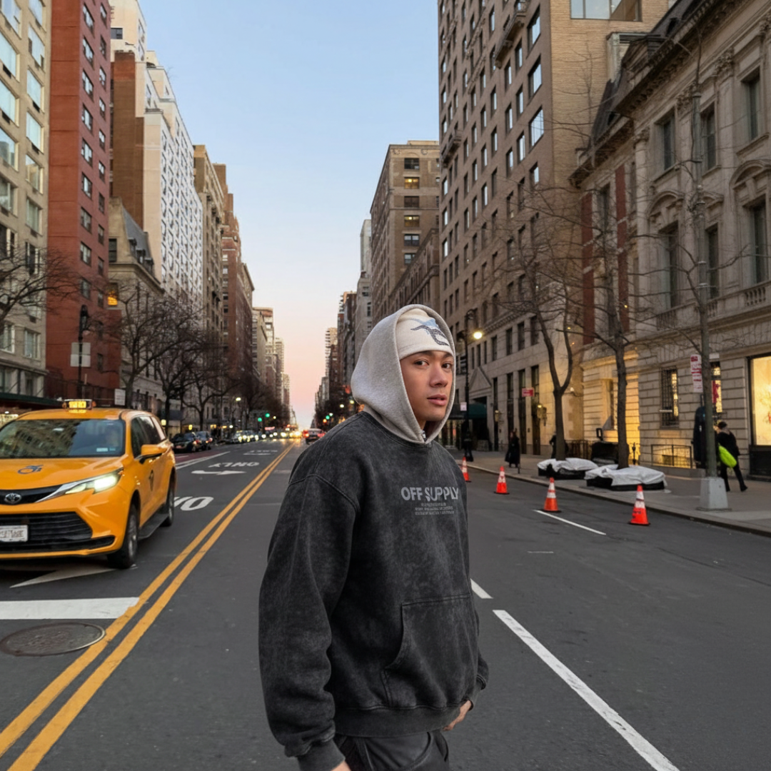 OFFSUPPLY GRAPHIC PRINT GRAPHITE ACID WASH HOODIE