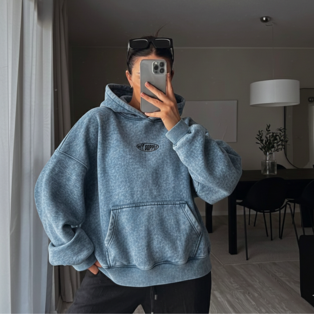 OFFSUPPLY OVAL ICE BLUE ACID WASH HOODIE