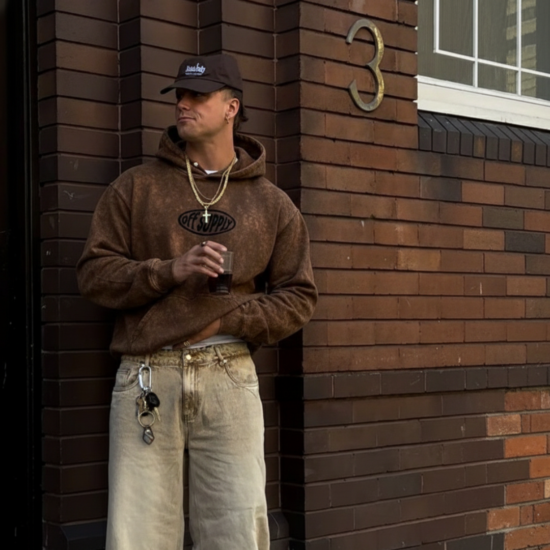 OFFSUPPLY OVAL EARTH CLAY ACID WASH HOODIE