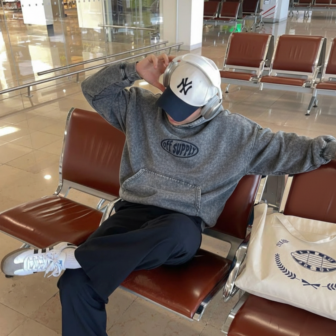 OFFSUPPLY OVAL GRAPHITE ACID WASH HOODIE