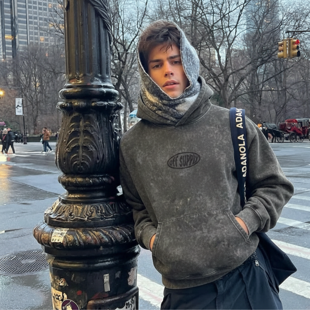 OFFSUPPLY OVAL GRAPHITE ACID WASH HOODIE