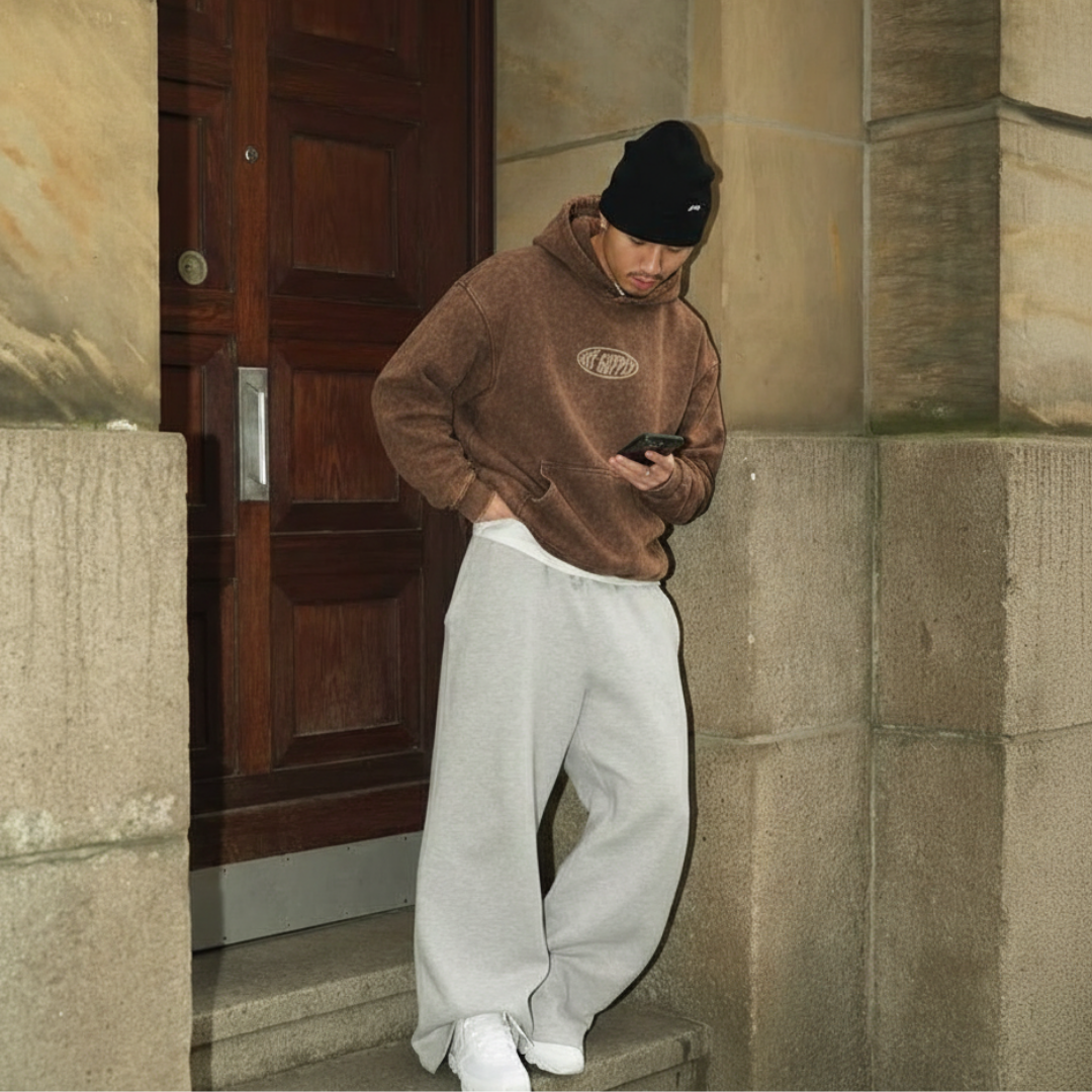 OFFSUPPLY OVAL EARTH CLAY ACID WASH HOODIE