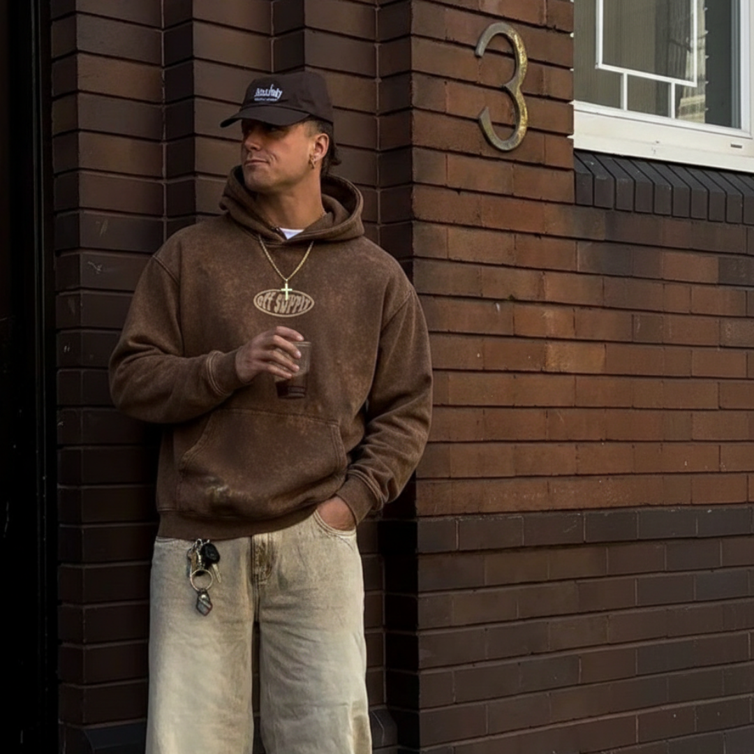 OFFSUPPLY OVAL EARTH CLAY ACID WASH HOODIE