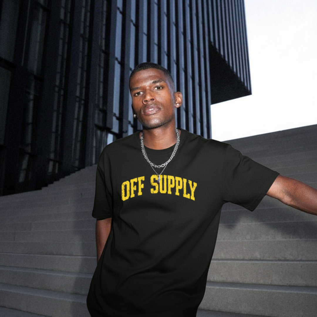 Off supply Varsity text Black T-shirt