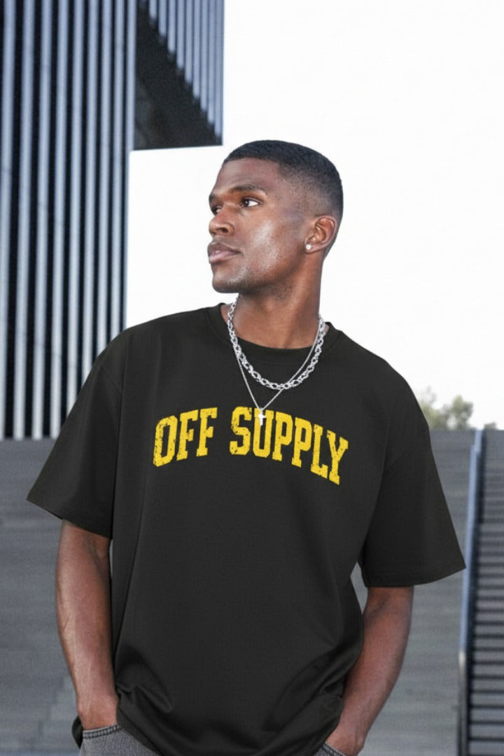 Off supply Varsity text Black T-shirt