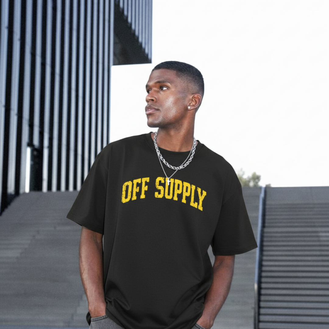 Off supply Varsity text Black T-shirt
