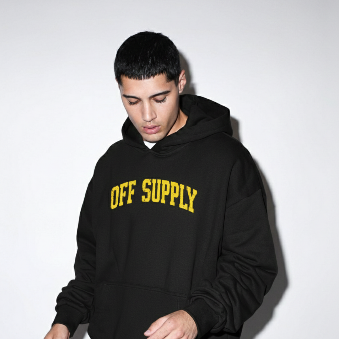 Off supply Varsity text Black Hoodie