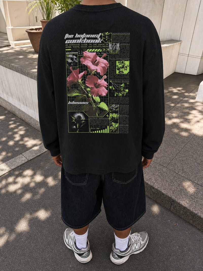 Off Supply Hibiscus Black Waffle T-shirt – model back