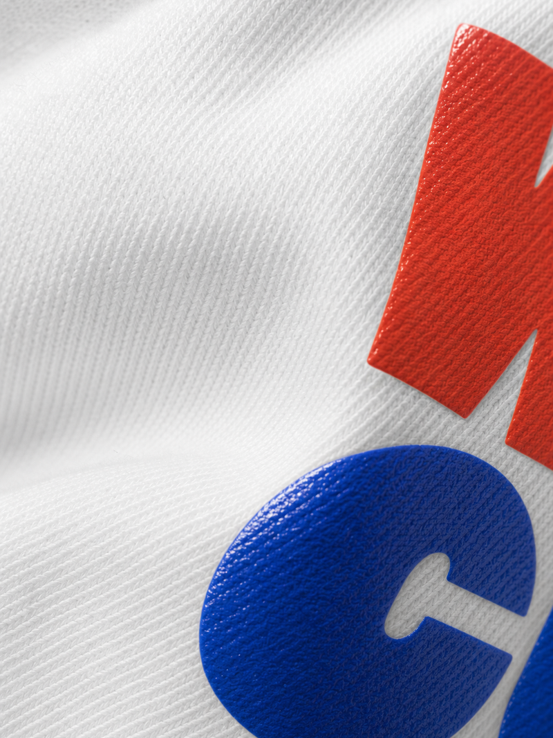 Off Supply Bleu Blanc White T-Shirt – close-up detail