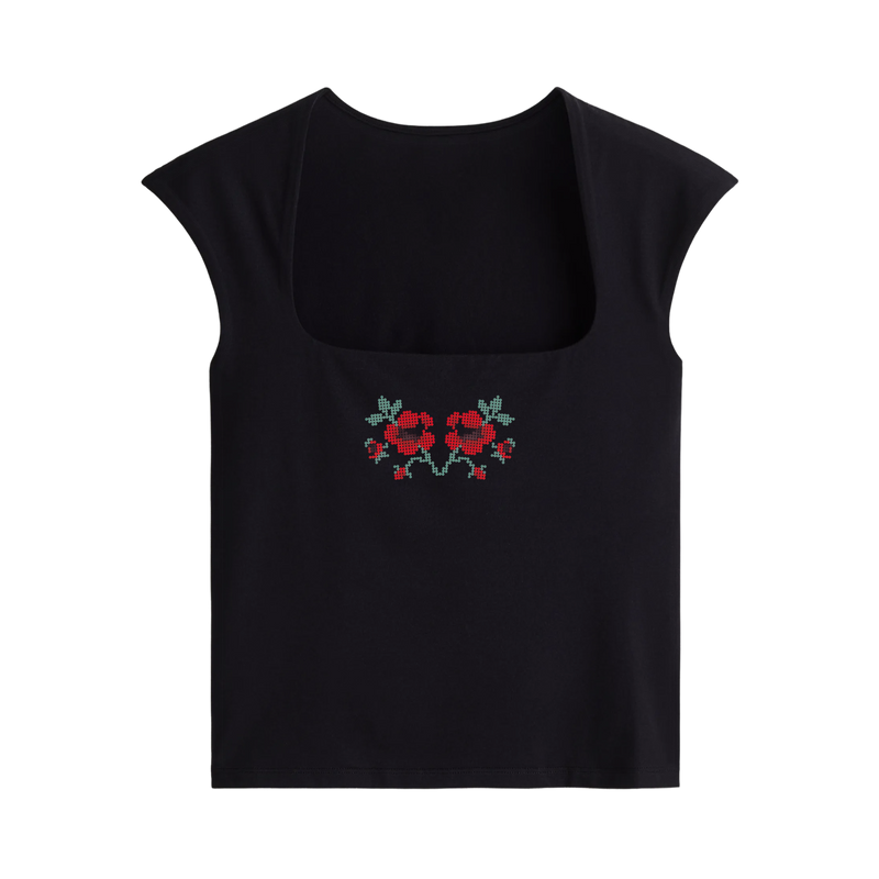 Off Supply Cross-stitch Motif Black Crop Top