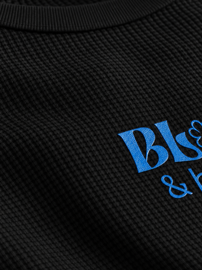 Off Supply Bloom & Beyond Black Waffle T-shirt – close-up detail