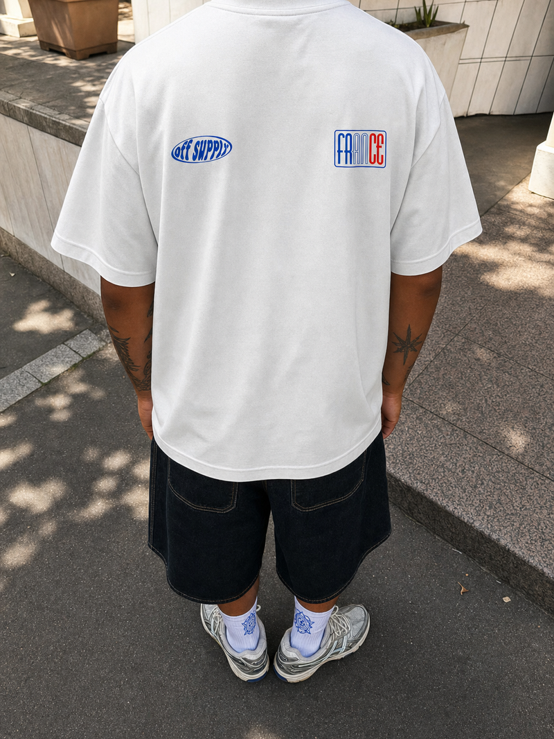 Off Supply Bleu Blanc White T-Shirt – model back