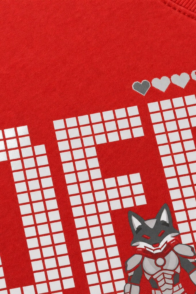 Close-up fabric detail - Off supply Pixel Warrior Red T-shirt