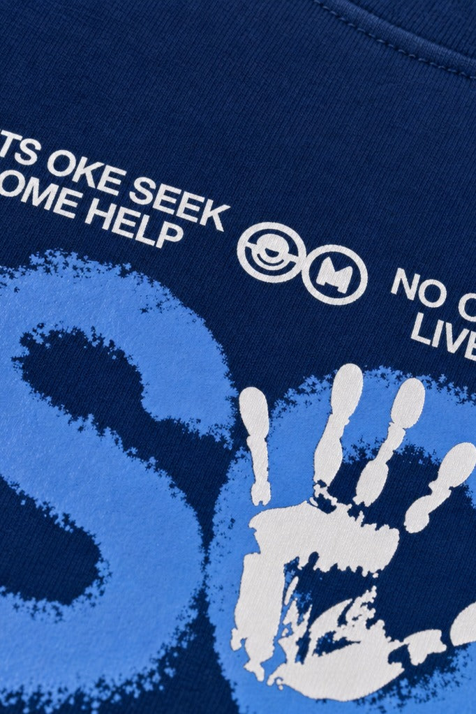 Close-up fabric detail - Off supply SOS Blue T-shirt