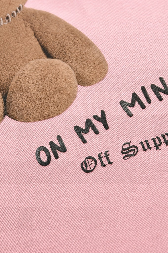 Close-up fabric detail - Off Supply Bear On My Mind Classic Pink T-shirt