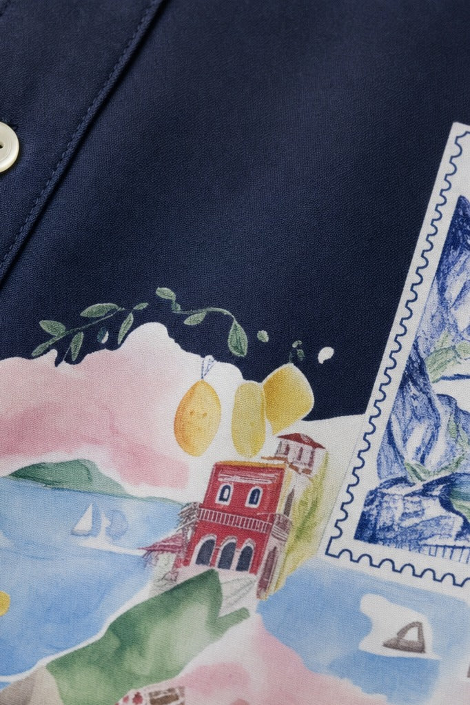 Close-up fabric detail - Off Supply Limoncello Afternoons Bowling Shirt Navy Blue