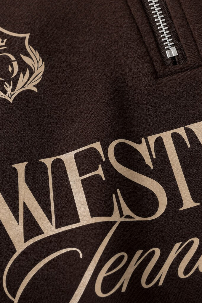 Close-up fabric detail - Off Supply Westwood Tennis Club Brown Quarter Zip T-shirt