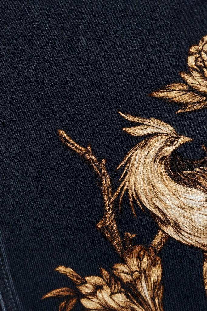 Close-up fabric detail - Off Supply Gilded Crane Embroidered Denim — Limited Edition