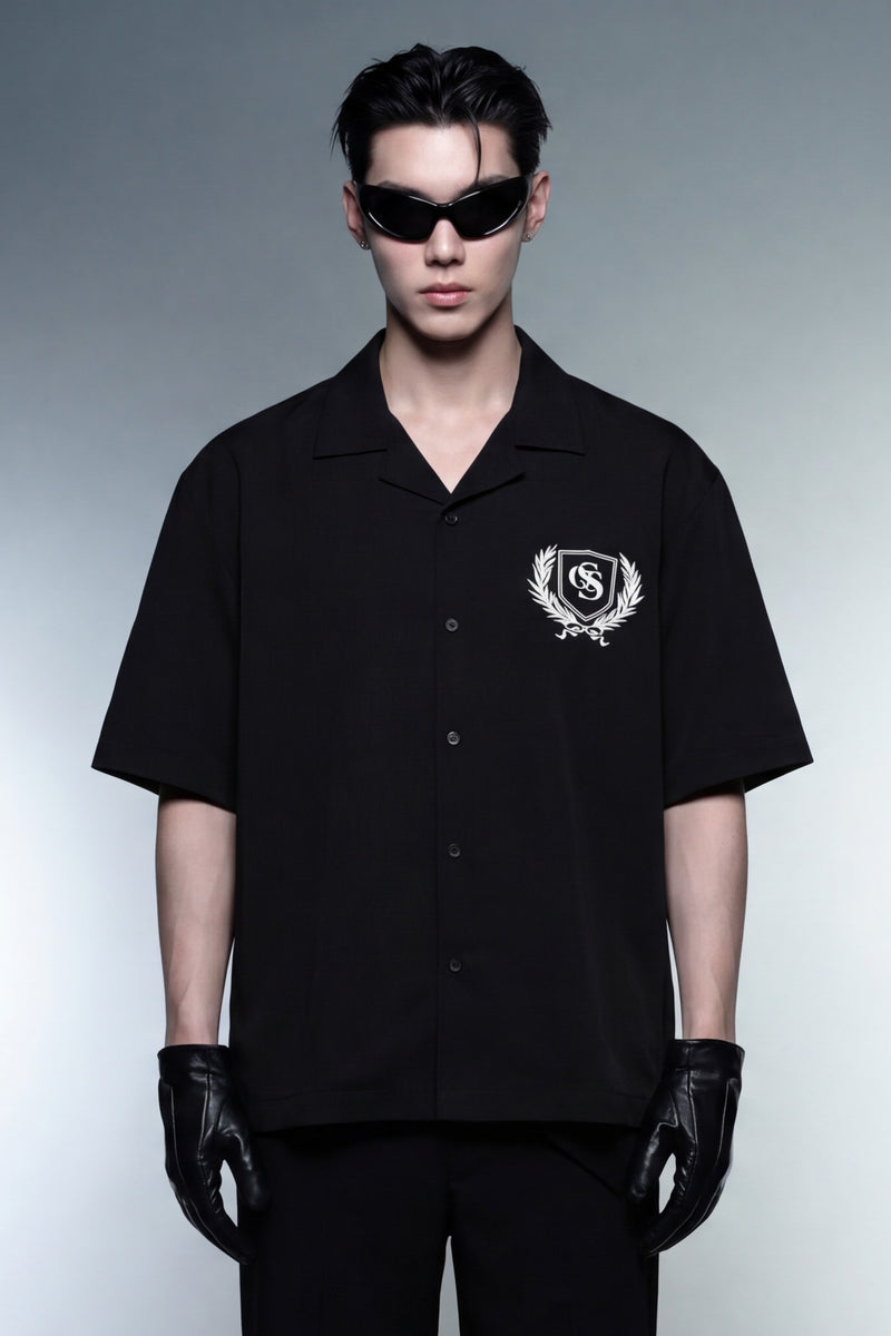 off-supply-elegance-in-motion-black-bowling-shirt model front
