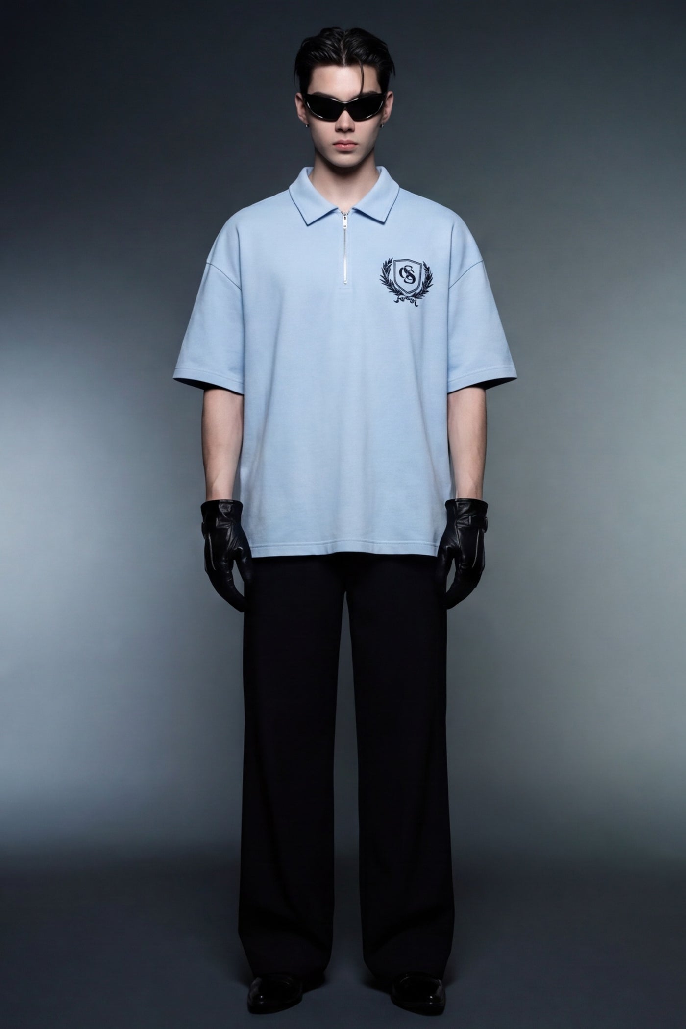 off-supply-elegance-in-motion-ice-blue-quarter-zip-t-shirt model front