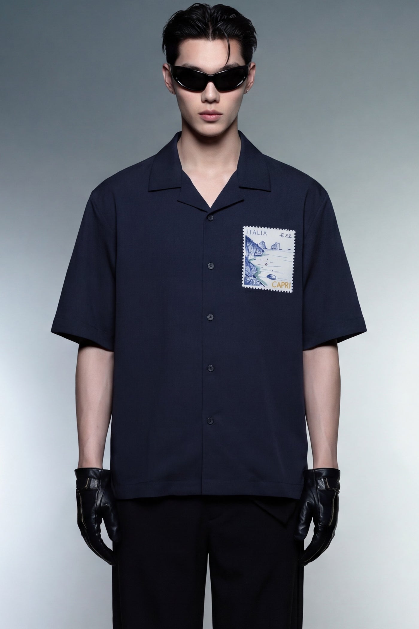 off-supply-limoncello-afternoons-bowling-shirt-navy-blue model front