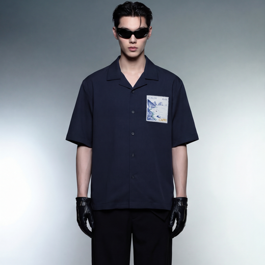 Off Supply Limoncello Afternoons Bowling Shirt Navy Blue