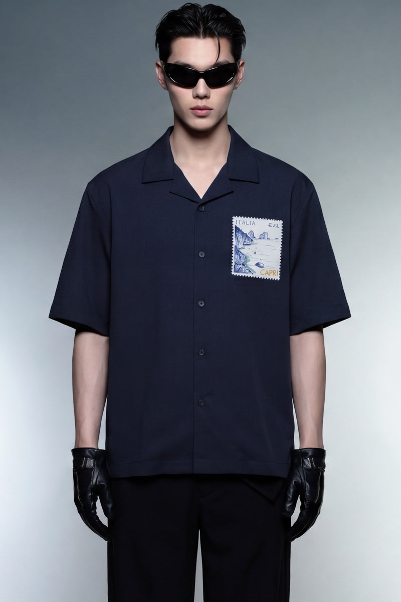 off-supply-limoncello-afternoons-bowling-shirt-navy-blue model front