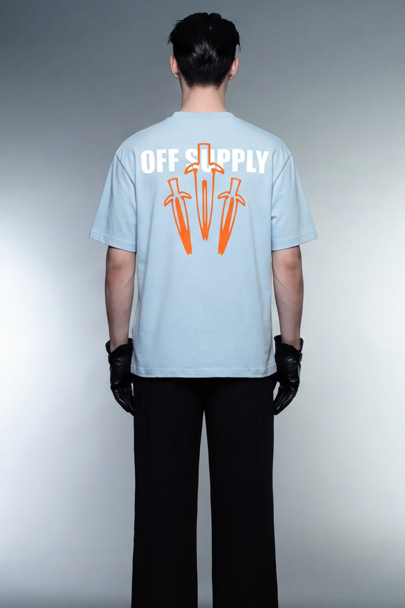 off-supply-orange-dagger-light-blue-t-shirt model back