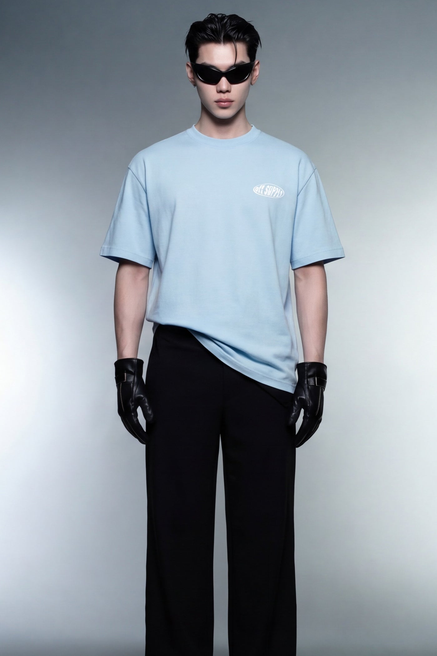 off-supply-orange-dagger-light-blue-t-shirt model front