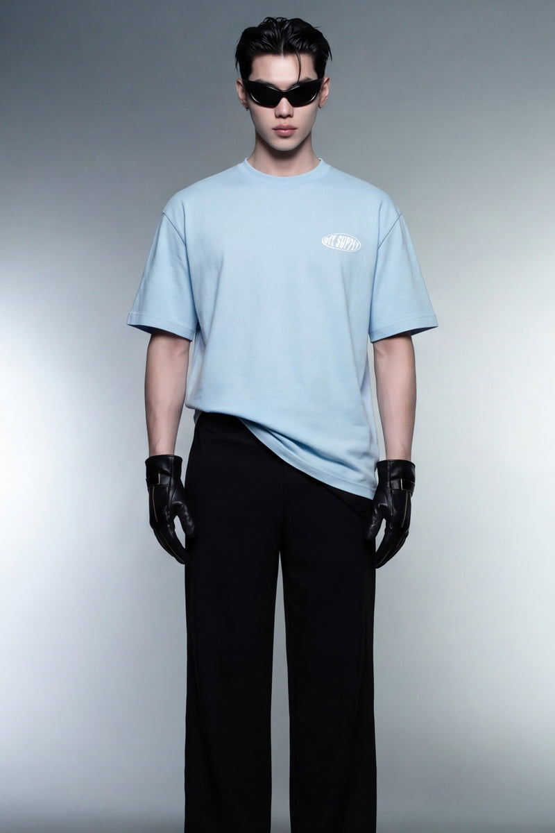 off-supply-orange-dagger-light-blue-t-shirt model front