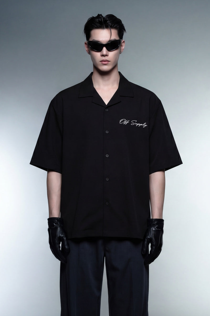 off-supply-people-of-culture-black-bowling-shirt model front