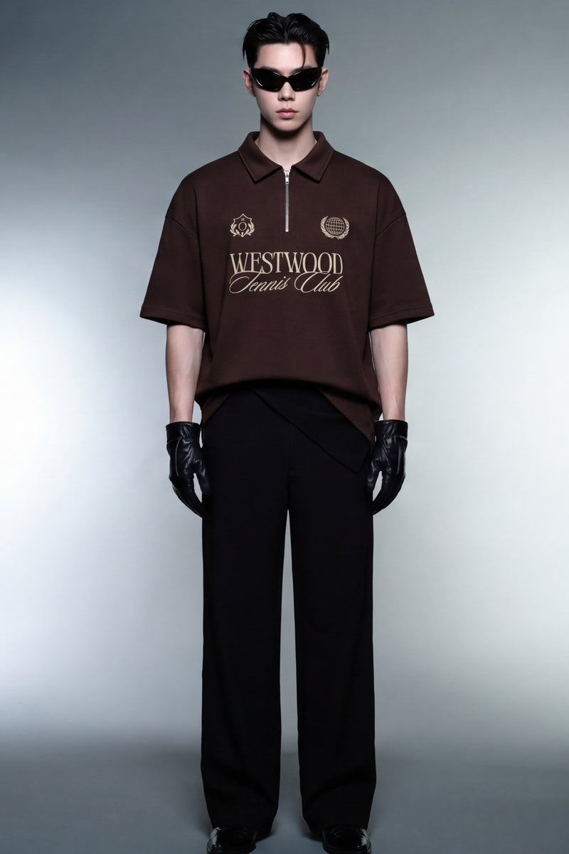 off-supply-westwood-tennis-club-brown-quarter-zip-t-shirt model front