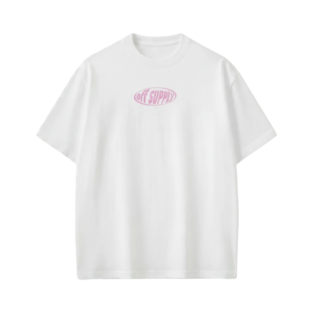 Off Supply white 100% combed cotton oversized t-shirt with pink oval logo graphic on chest.