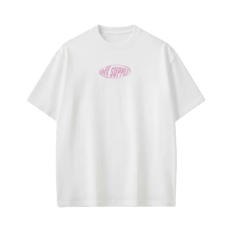 Off Supply white 100% combed cotton oversized t-shirt with pink oval logo graphic on chest.