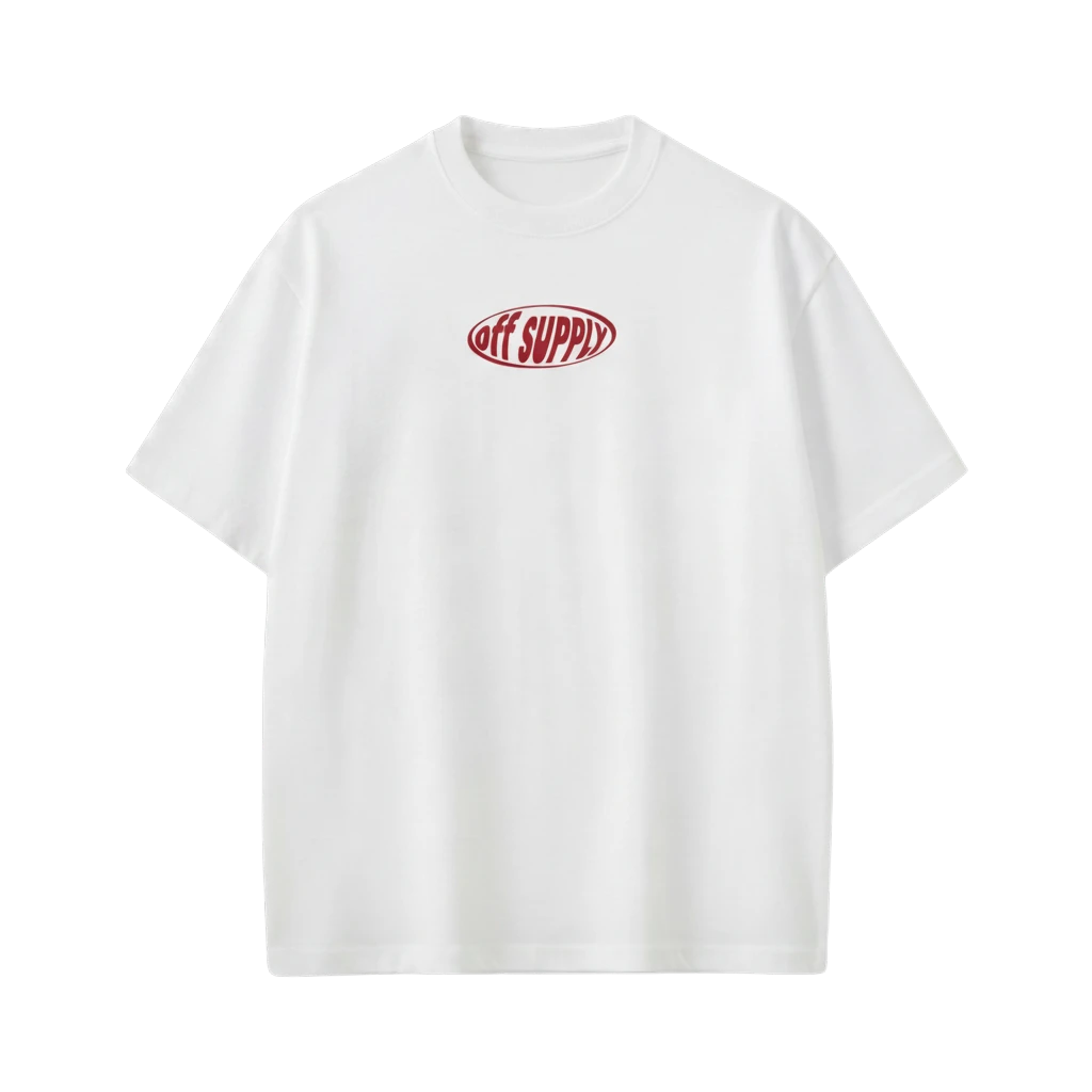 Off Supply white 100% combed cotton t-shirt with relaxed oversized fit and red oval logo print on chest.