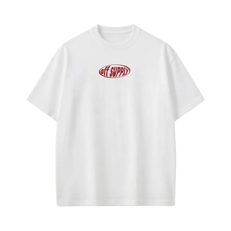 Off Supply white 100% combed cotton t-shirt with relaxed oversized fit and red oval logo print on chest.