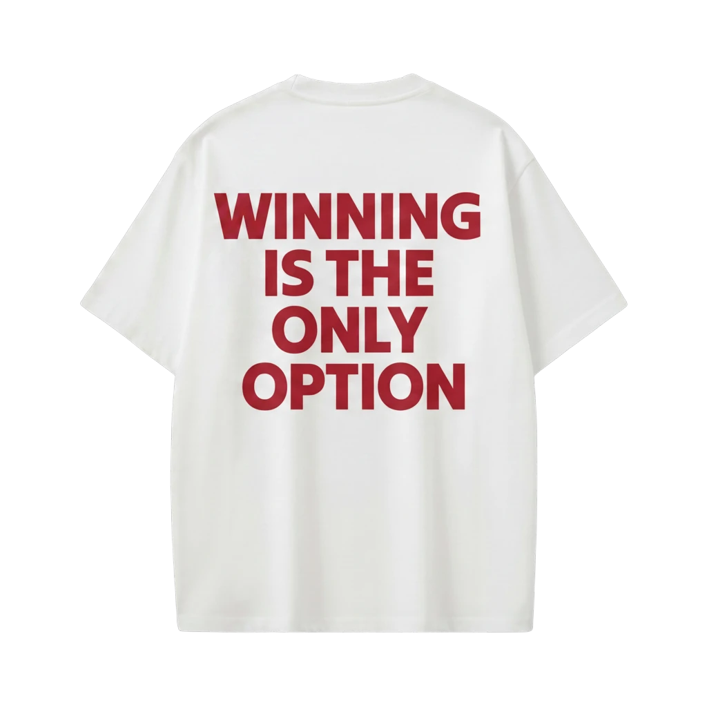 Off Supply white 100% combed cotton oversized t-shirt with red text graphic "WINNING IS THE ONLY OPTION" and distressed black print on sleeve.