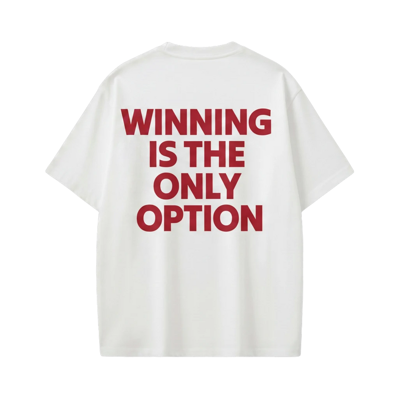 Off Supply white 100% combed cotton oversized t-shirt with red text graphic "WINNING IS THE ONLY OPTION" and distressed black print on sleeve.