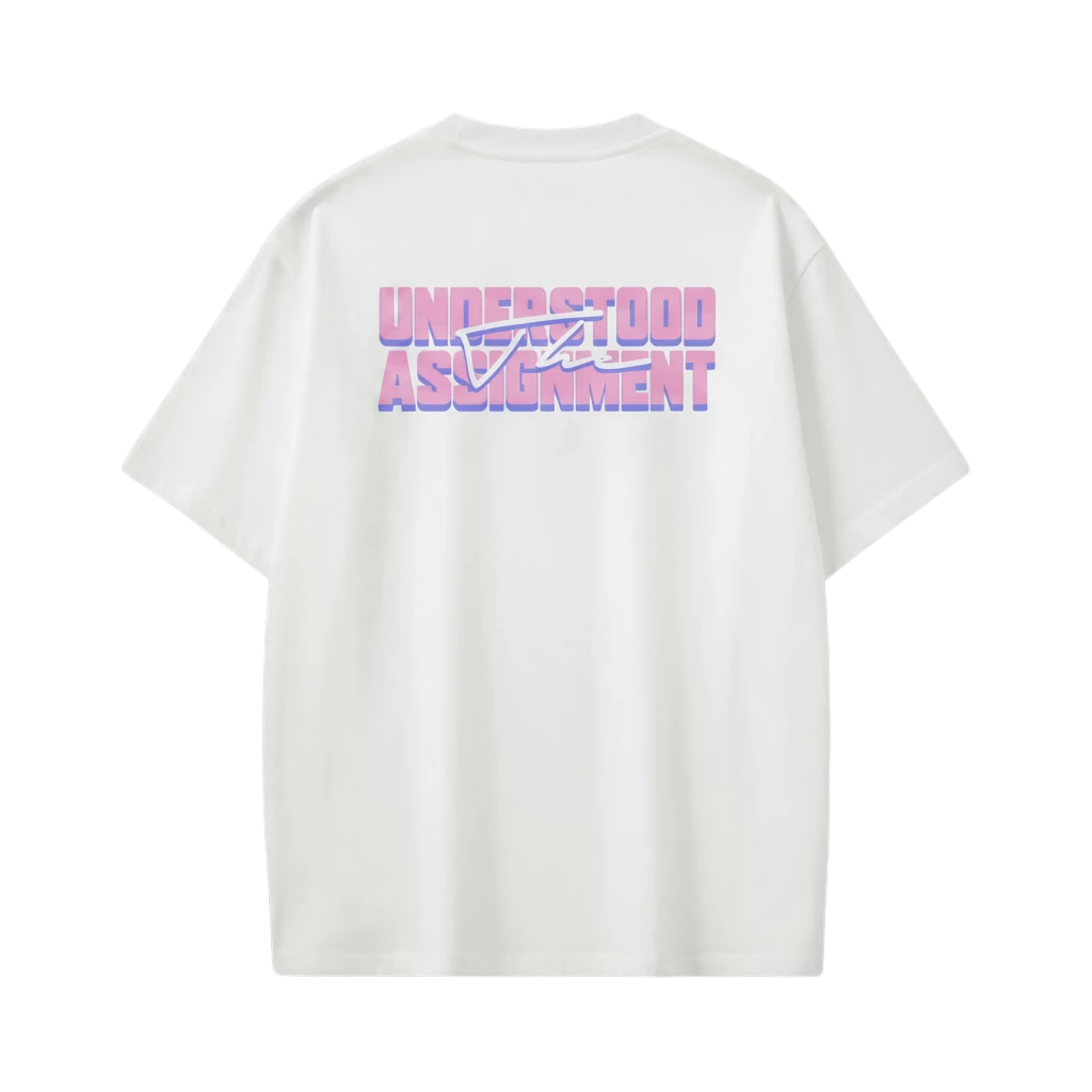Off Supply white oversized t-shirt with "UNDERSTOOD ASSIGNMENT" graphic print in pink and blue gradient.