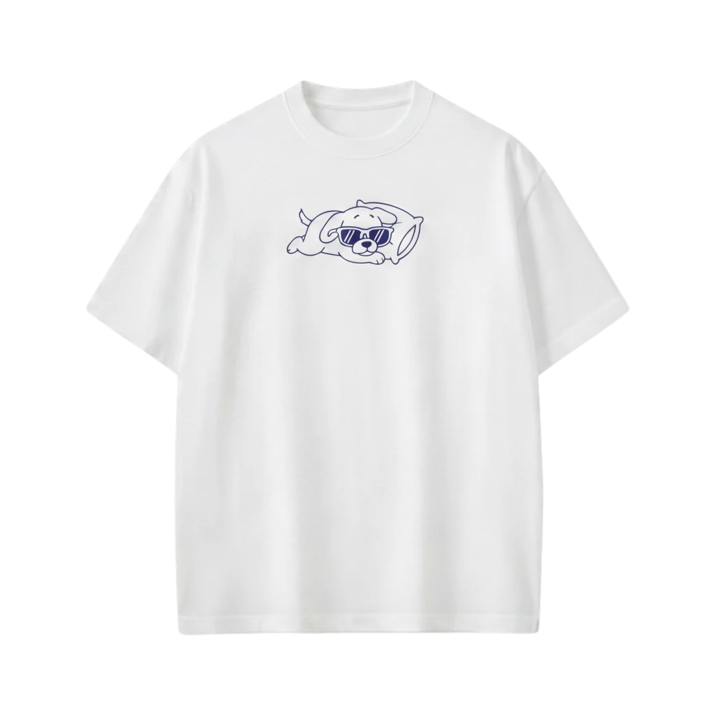 Off Supply white 100% combed cotton t-shirt with a relaxed oversized fit and a navy graphic of a dog wearing sunglasses on a pillow.