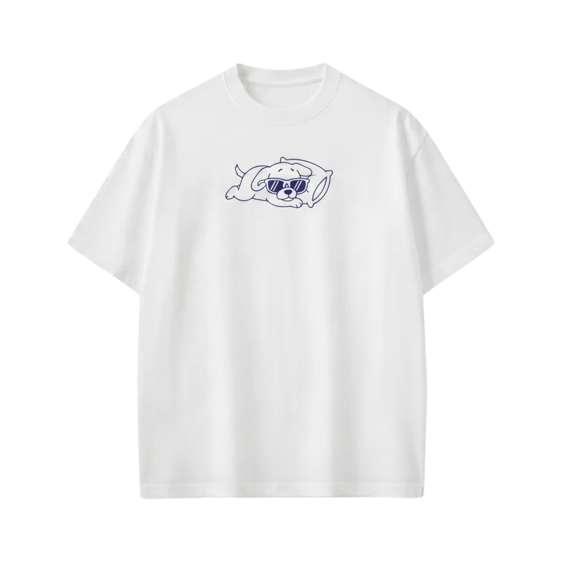 Off Supply white 100% combed cotton t-shirt with a relaxed oversized fit and a navy graphic of a dog wearing sunglasses on a pillow.