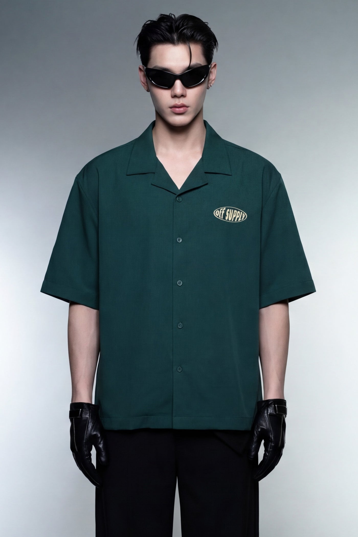 self-love-off-supply-forest-green-bowling-shirt model front