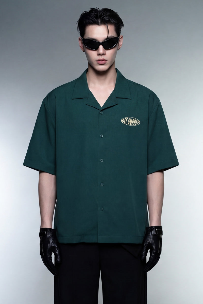 self-love-off-supply-forest-green-bowling-shirt model front