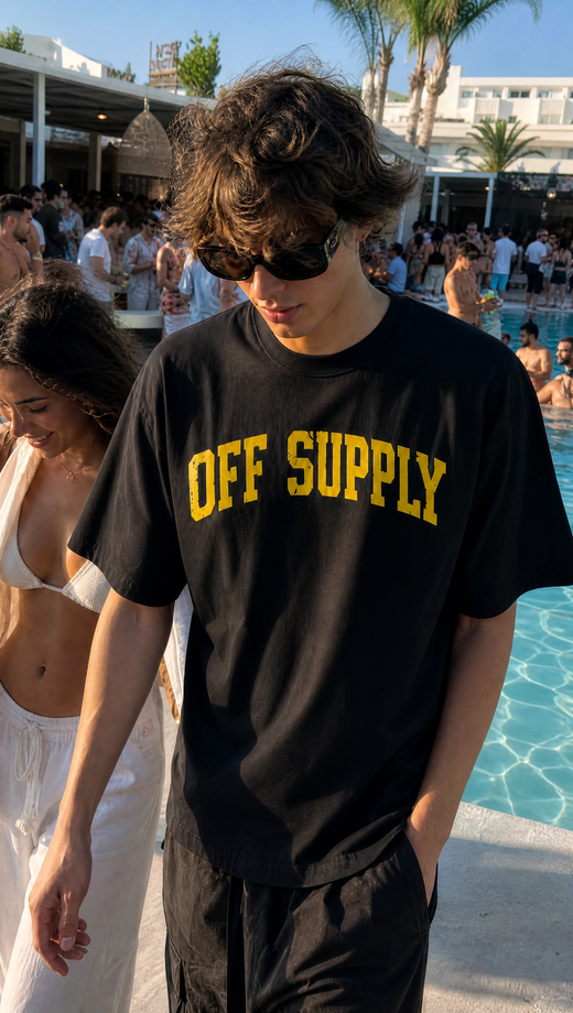 Off supply Varsity text Black T-shirt