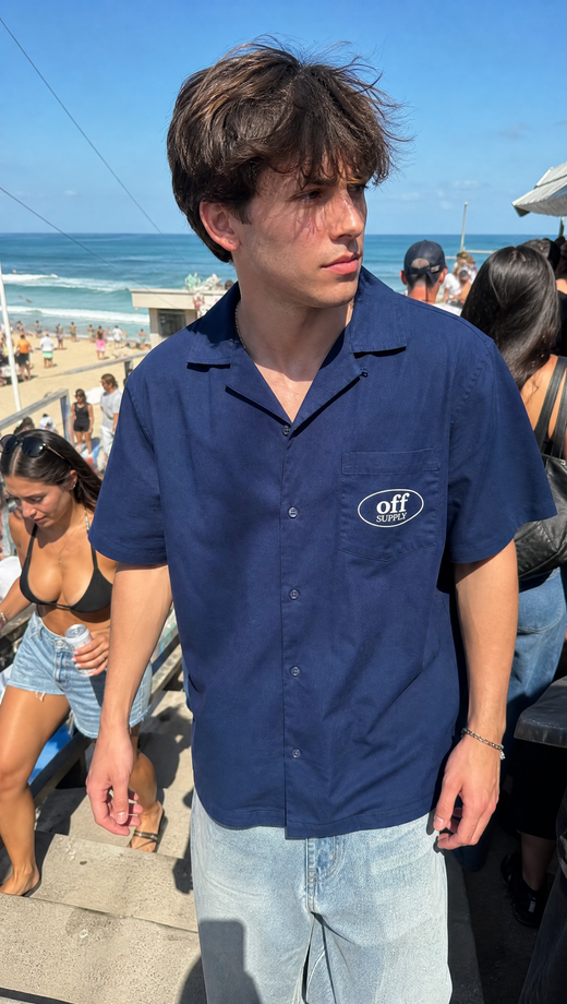 Off Supply Motion Dreams Navy Blue Bowling Shirt