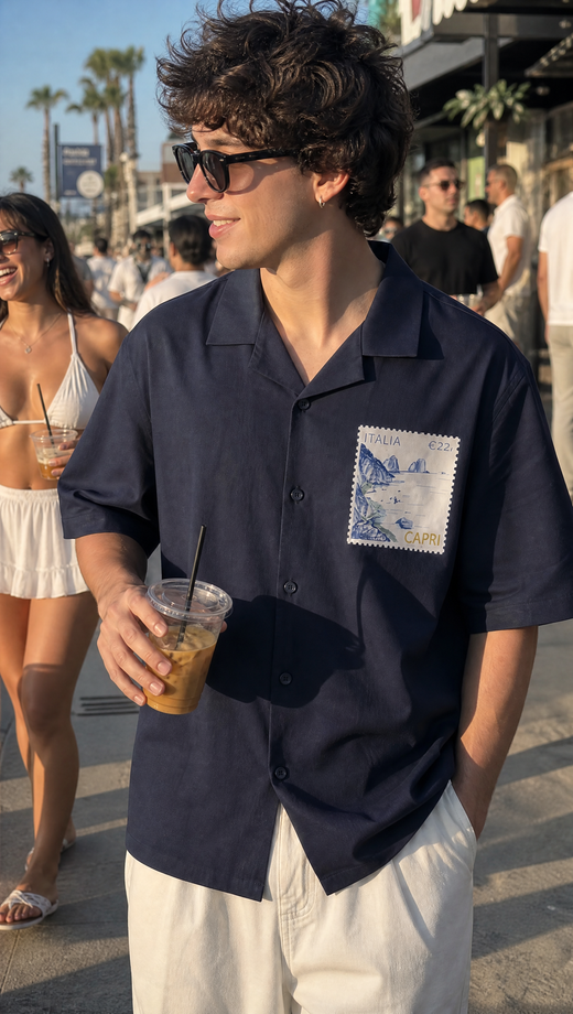Off Supply Limoncello Afternoons Bowling Shirt Navy Blue
